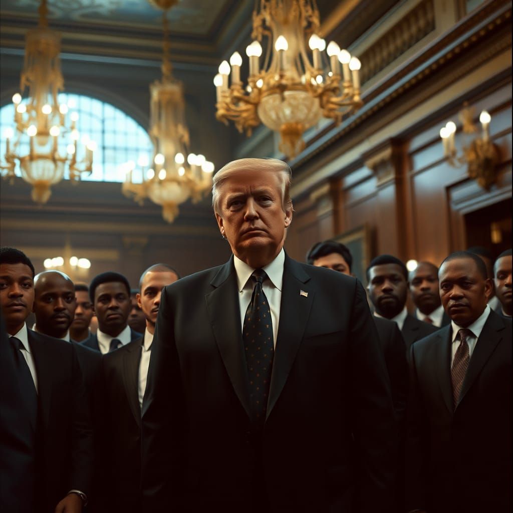 Trump Surrounded by Black Men in Opulent Hall