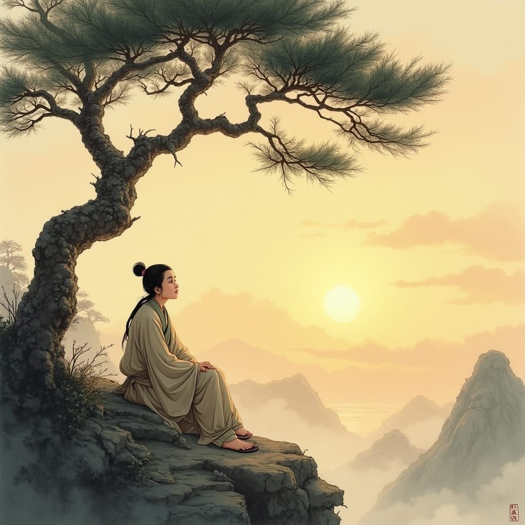 Scholar Gazing at Dusk: Chinese Ink Wash Painting