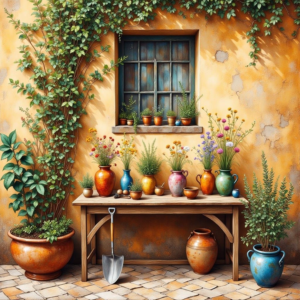 Courtyard Scene with Flowers and Garden Tools