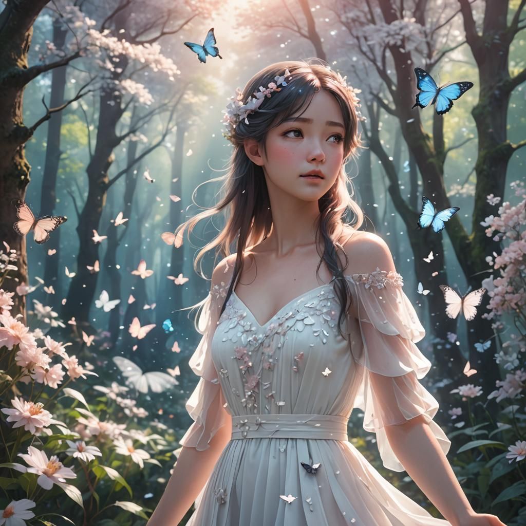 Ethereal Anime Girl in Blossoming Forest, 3D Render