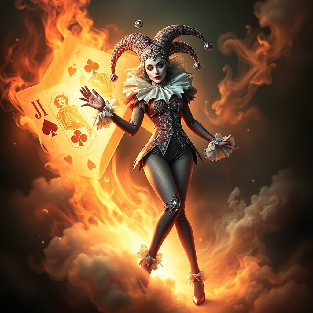 Mystical Jester Emerges from Flaming Joker Card