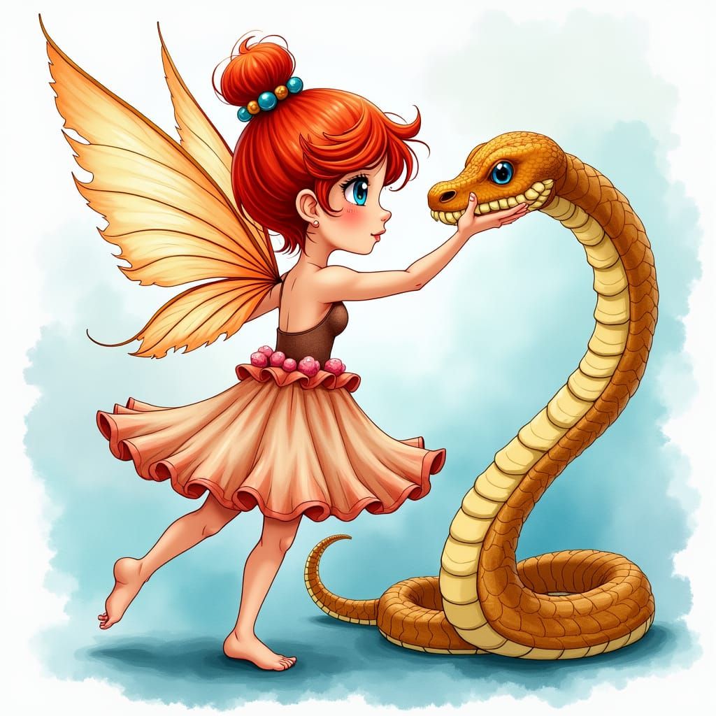 Chibi Fairy Tango with King Cobra in Watercolor