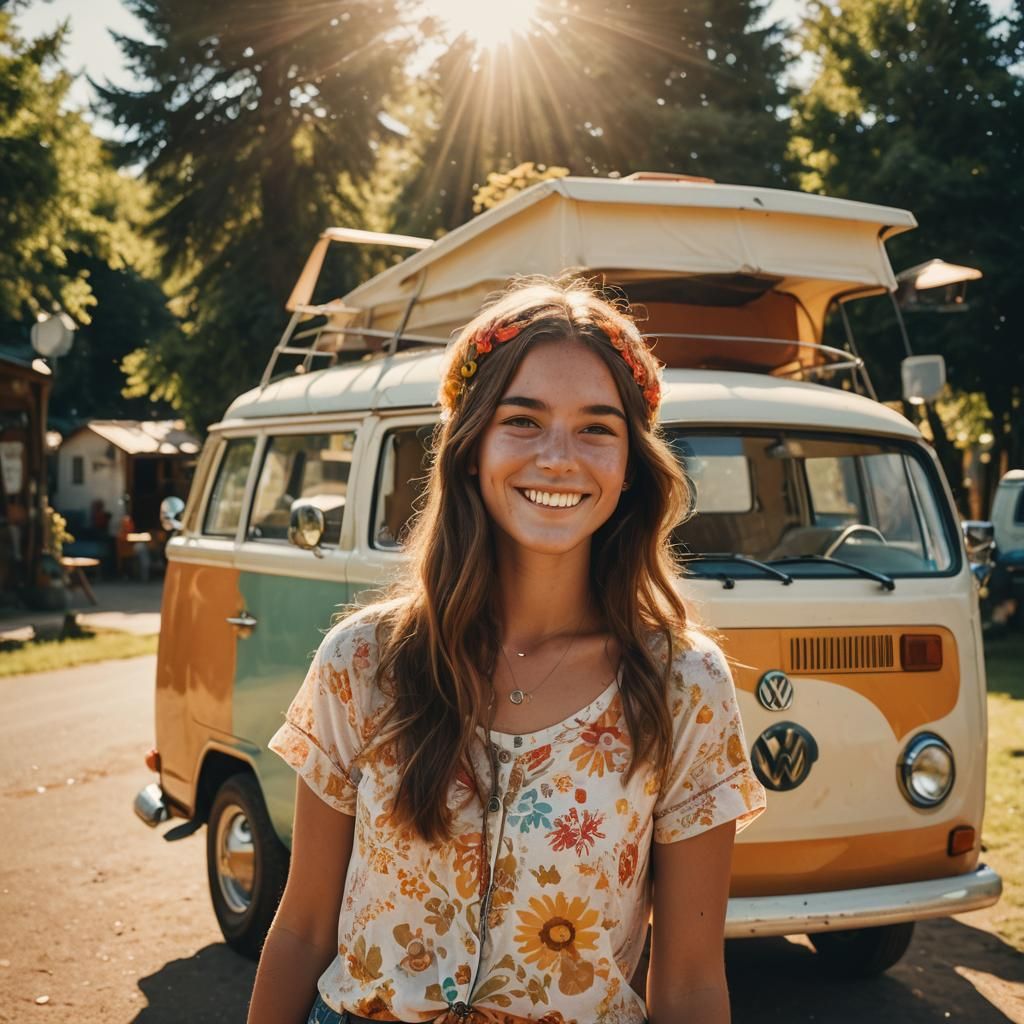 1960s Hippy Woman Portrait with VW Campervan