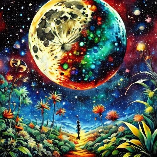 Mosaic Moon Over Galactic Sky in Surreal Illustration