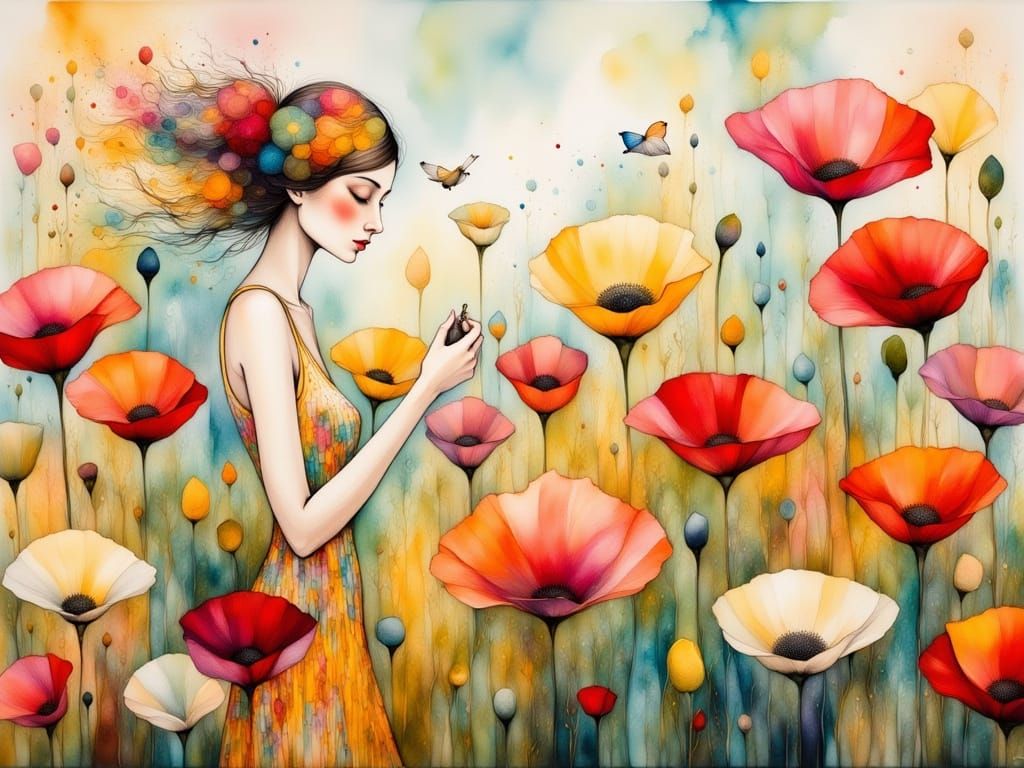 Golden Poppy in Vibrant Liquid Ink Style