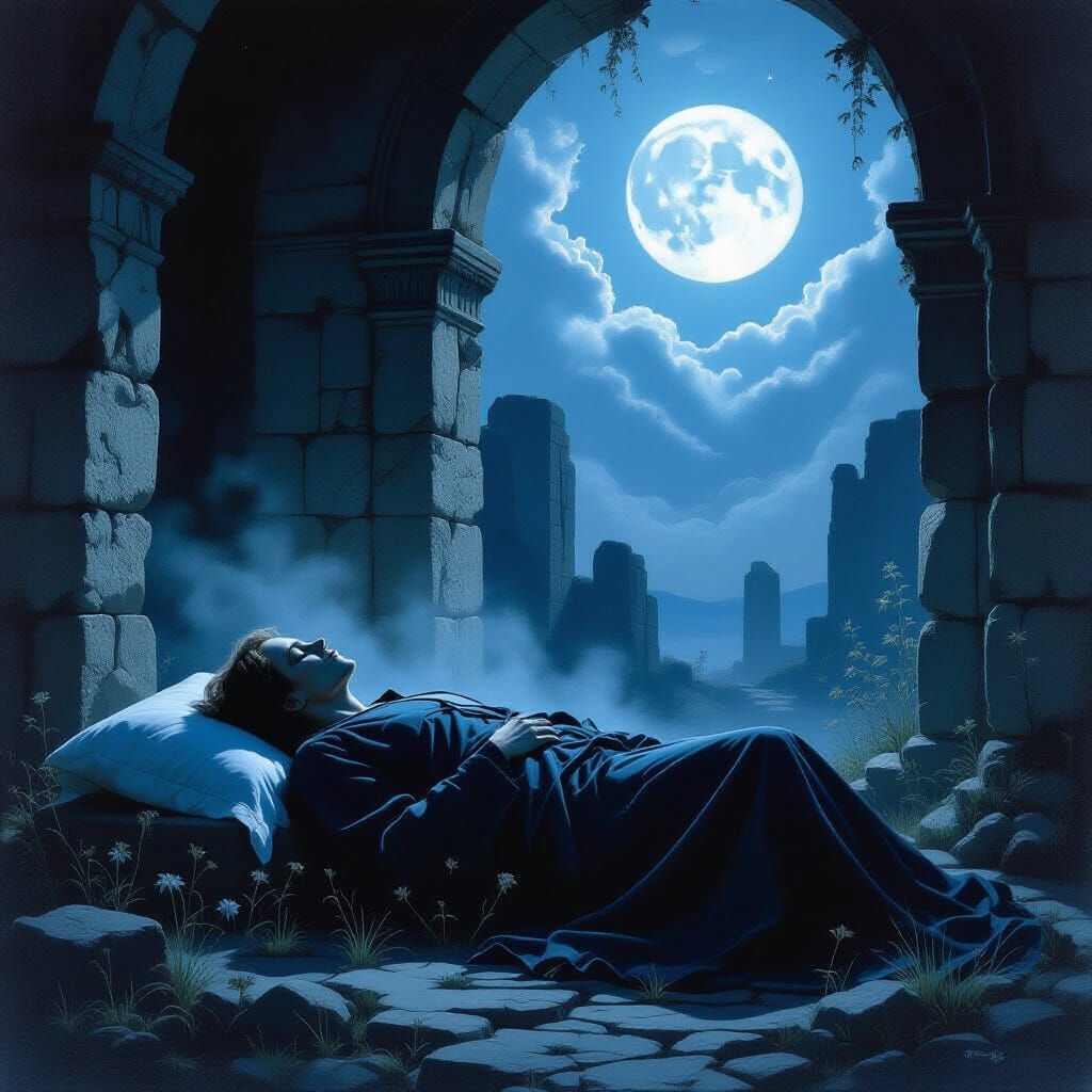 Moonlit Ruins: Peaceful Slumber in Ancient Architecture