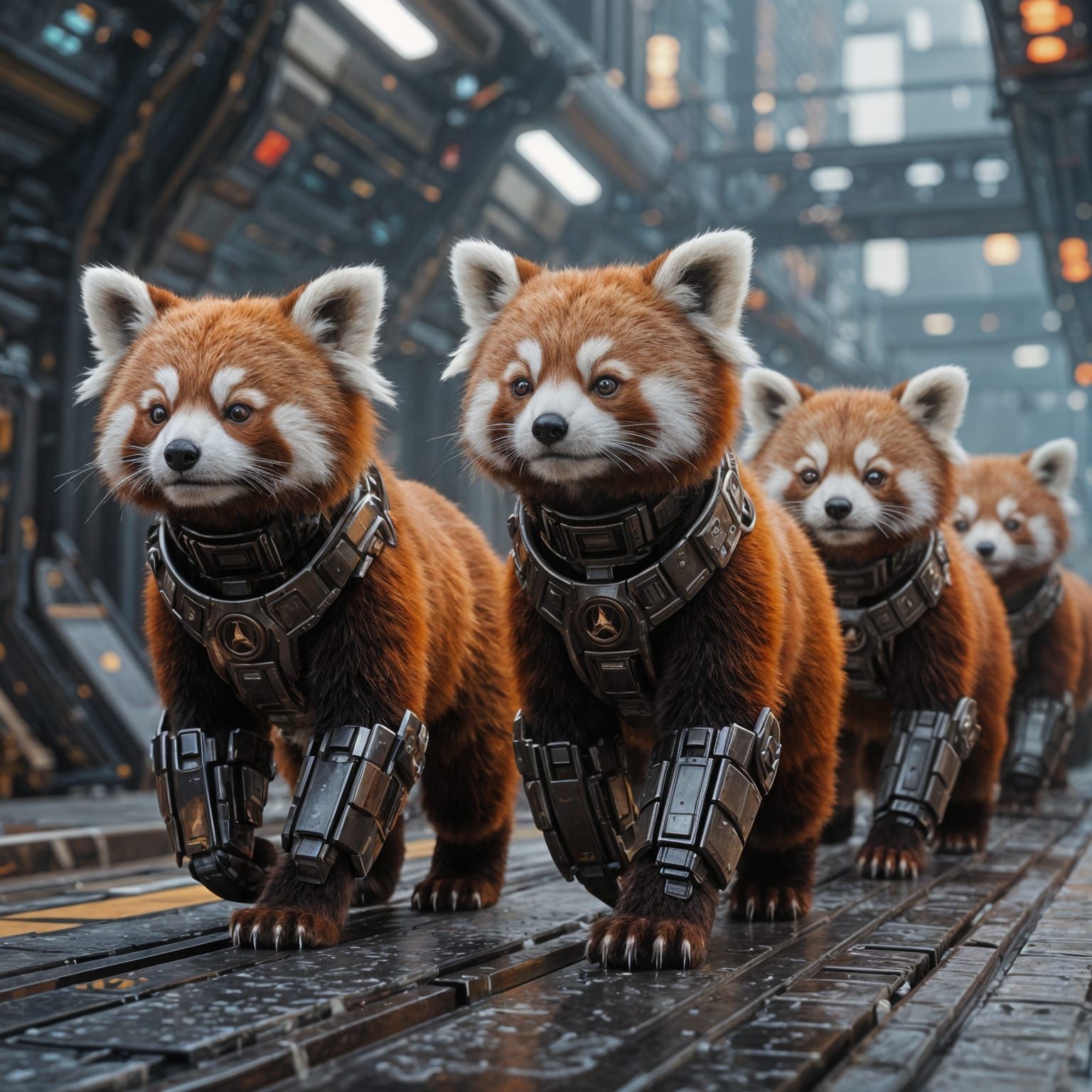 Red Pandas Marching with High Heads in Sci-Fi Landscape
