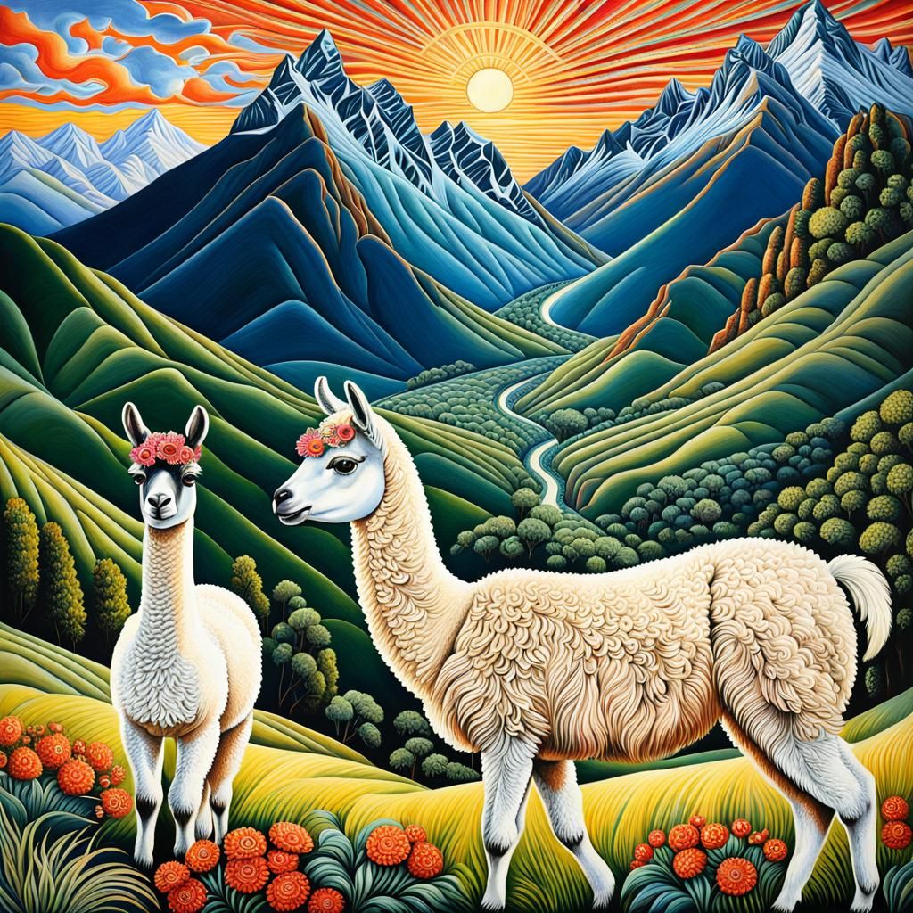(((llamas and alpacas in steep mountain ))) , Zentangle Tama...