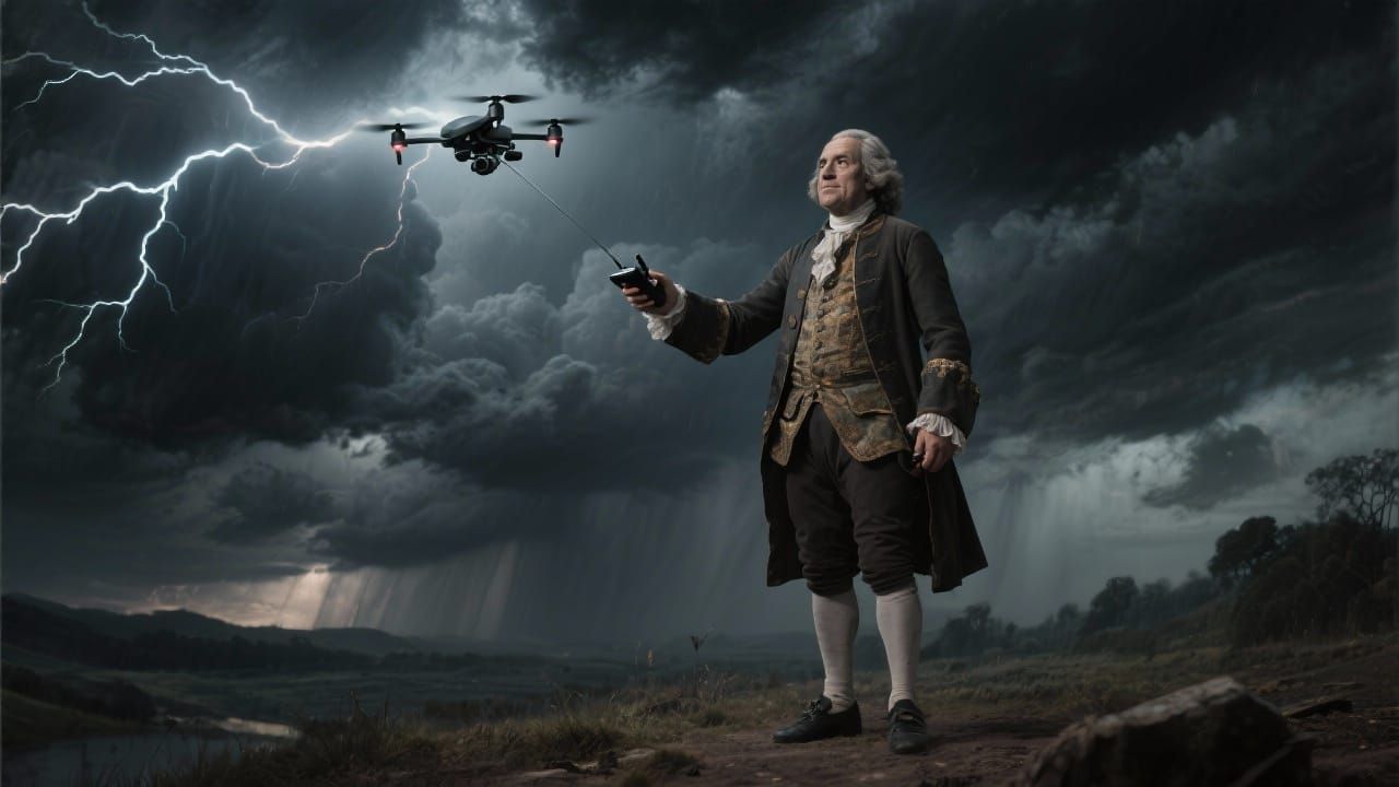 Benjamin Franklin Controls Drone in Lightning Storm