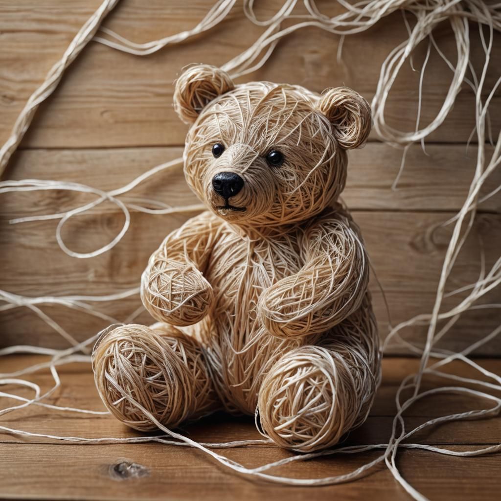 String Bear on Wooden Table in Fiber Art Style