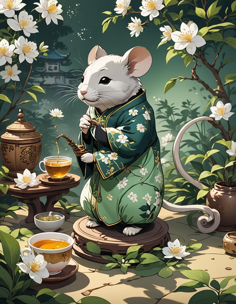 Chinese Garden Mouse Enjoying Jasmine Tea in Manga Style