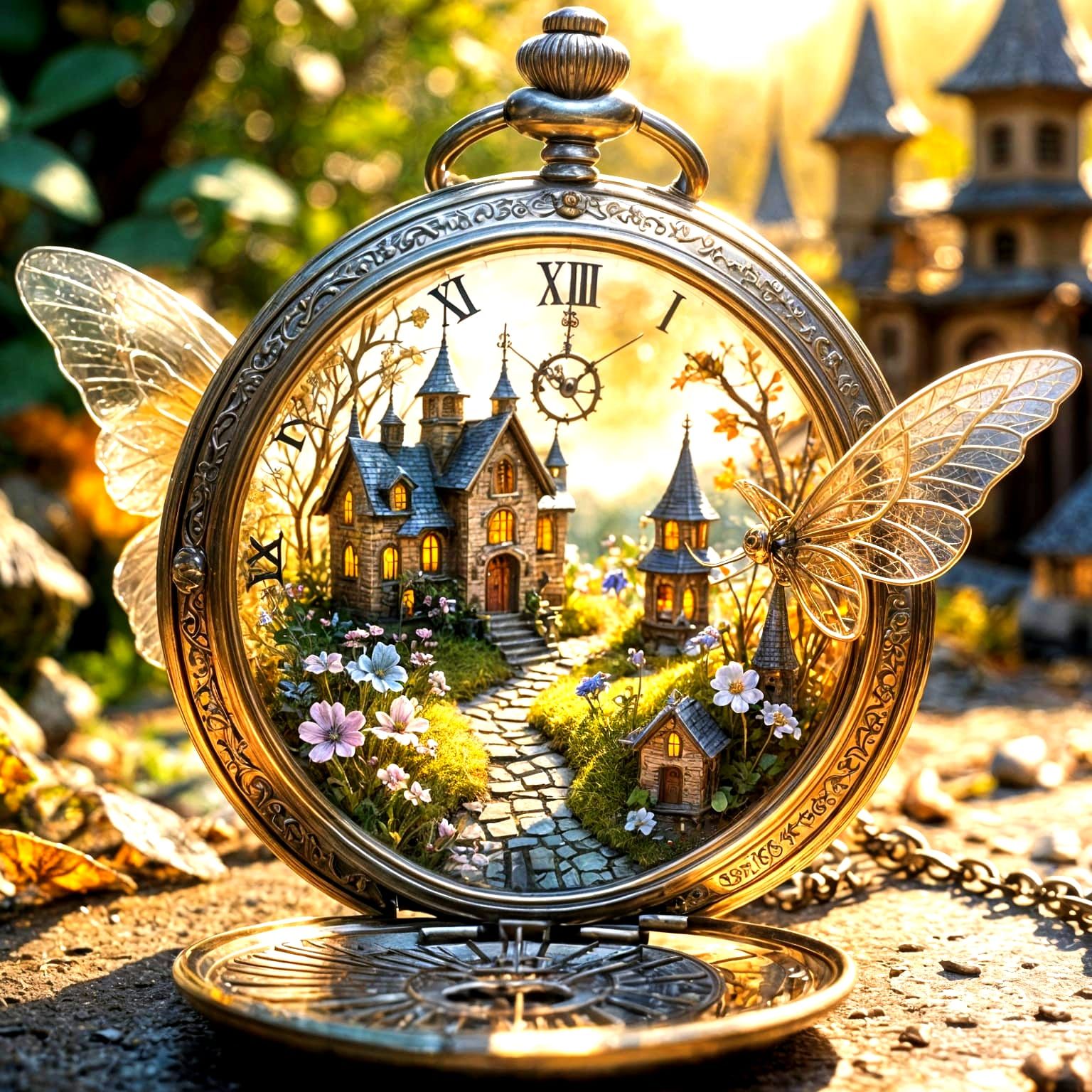 Fairy Village Inside Pocket Watch, Surreal Style