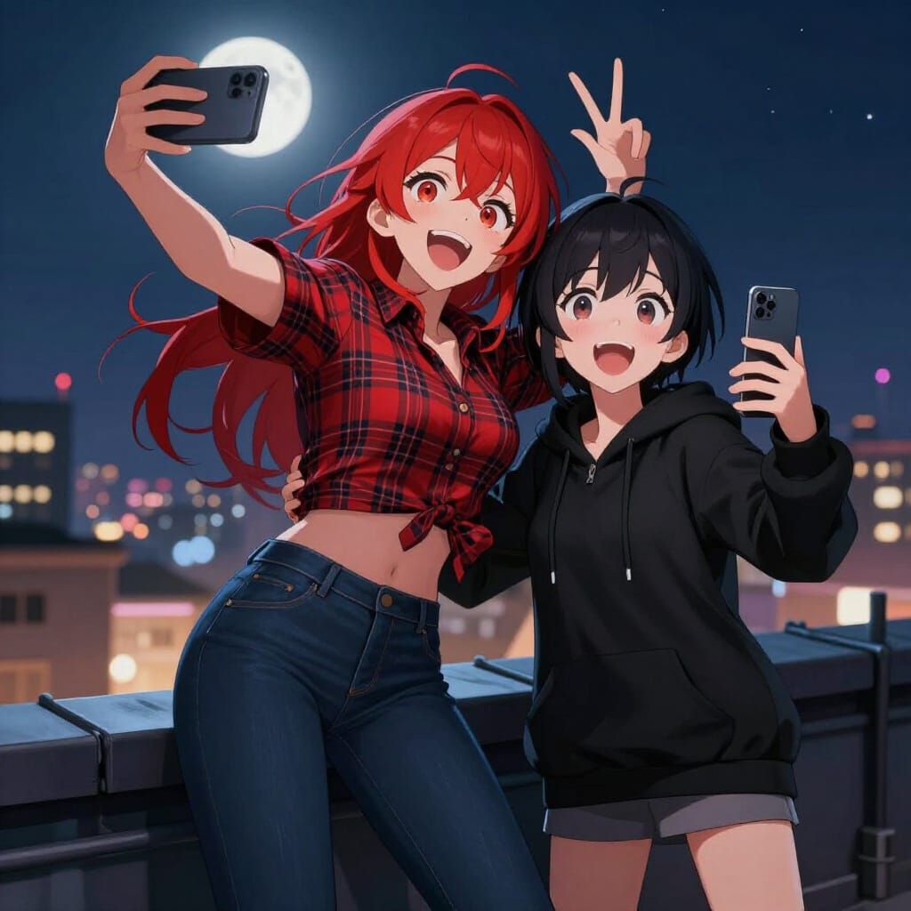 Anime Sisters Share Playful Rooftop Moment at Night