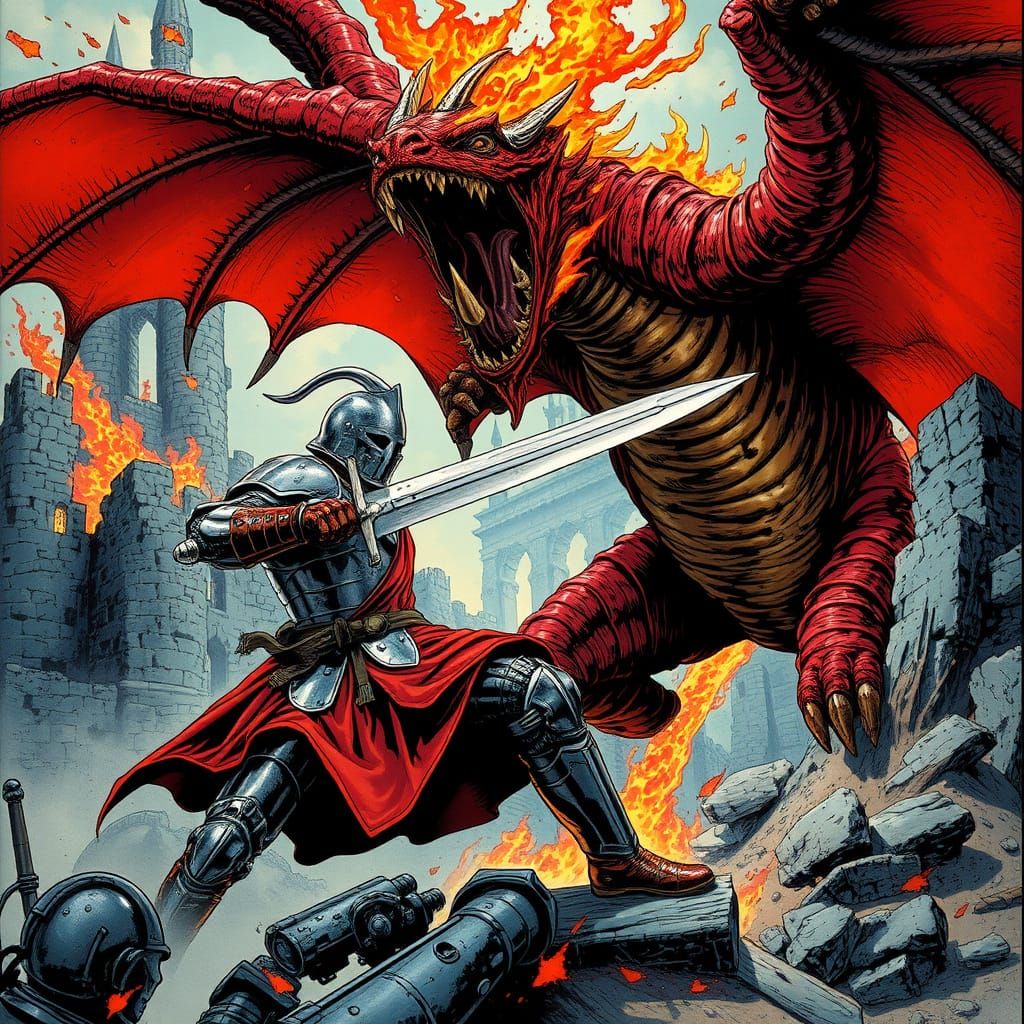Epic Knight vs Dragon Battle in Fantasy Art Style