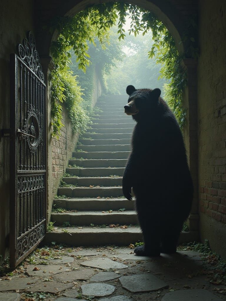 A Gothbear Princess Stands at the Base of an Organic Stairway to Nowhere in Embossed Deepshadowart