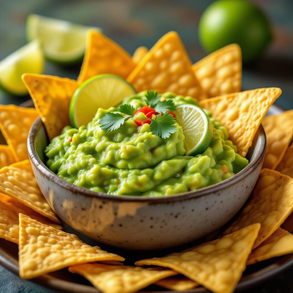 Hyperrealistic Guacamole Bowl with Chips