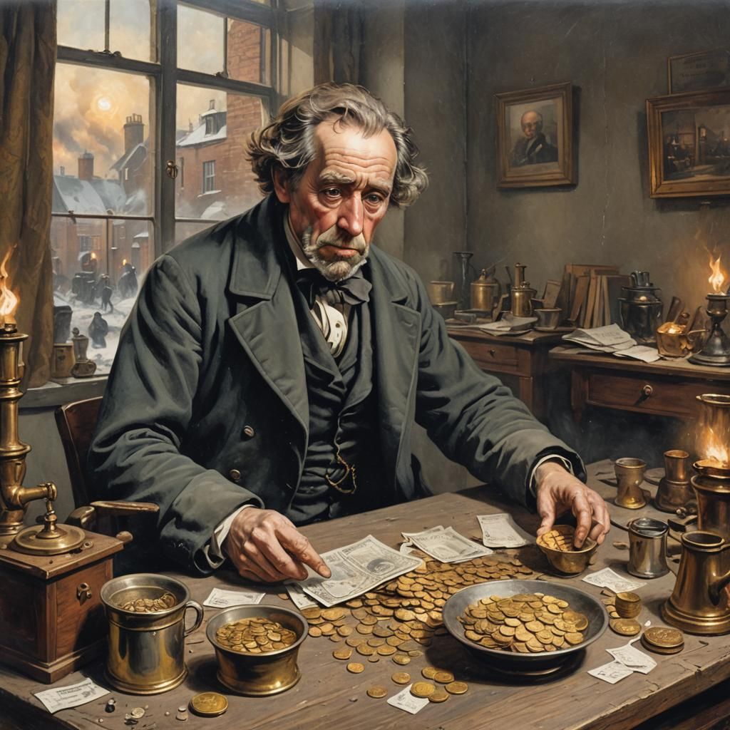 Scrooge Counting Coins in Cold Office