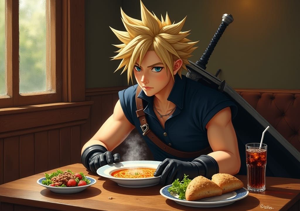 Cloud Strife at Lunch, Classical Oil Painting