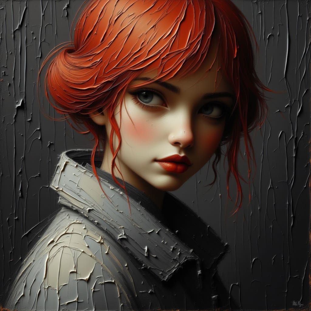 Red-Haired Woman in Gray Shawl, Heavy Oil Brushwork