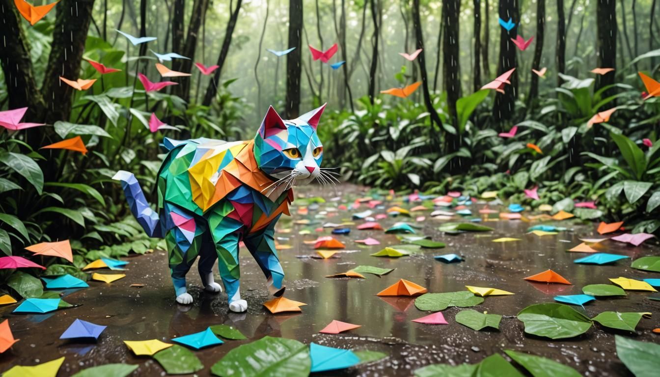 Cat in Colorful Suit Trail Running: Origami Style