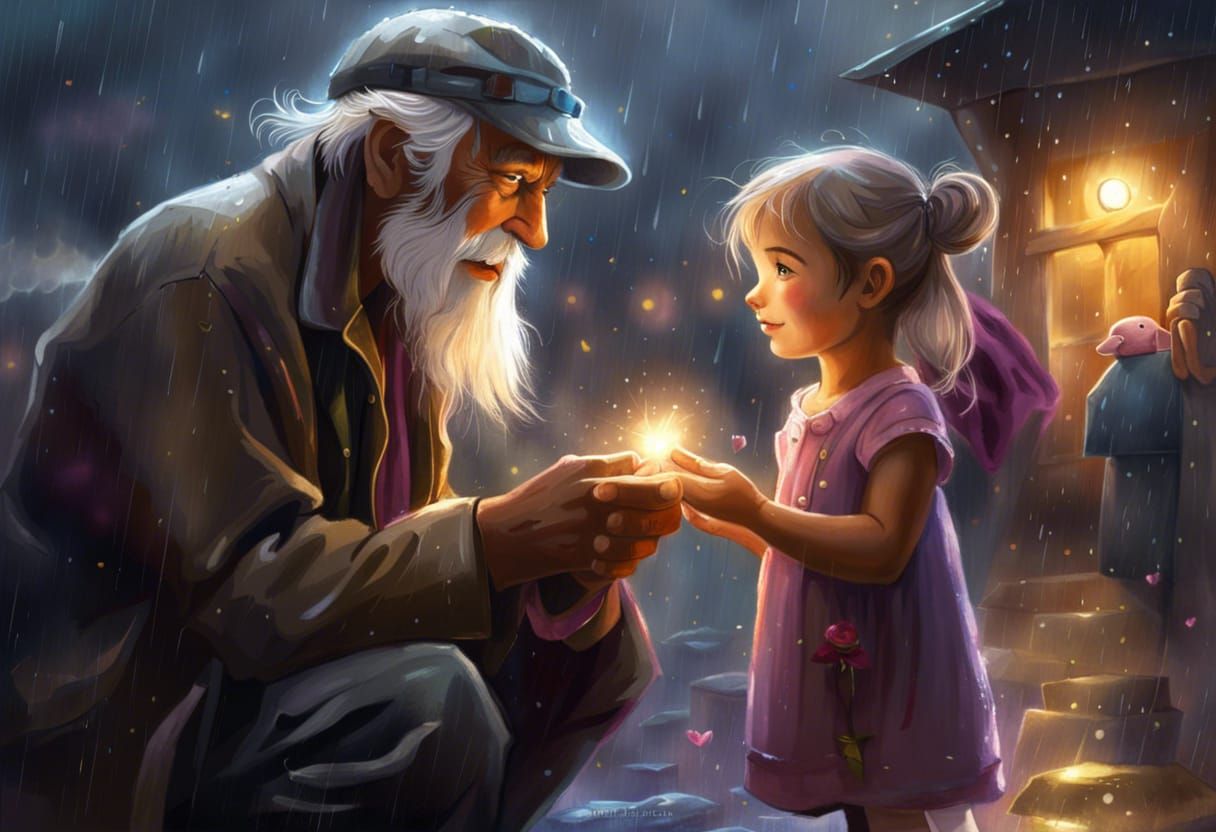 A toddler girl gives a homeless old man something beautiful from heart