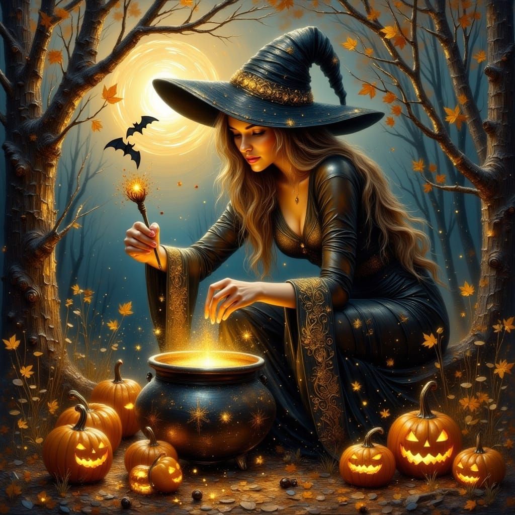 Enchanting Halloween Witch Stirring Cauldron: Oil Painting