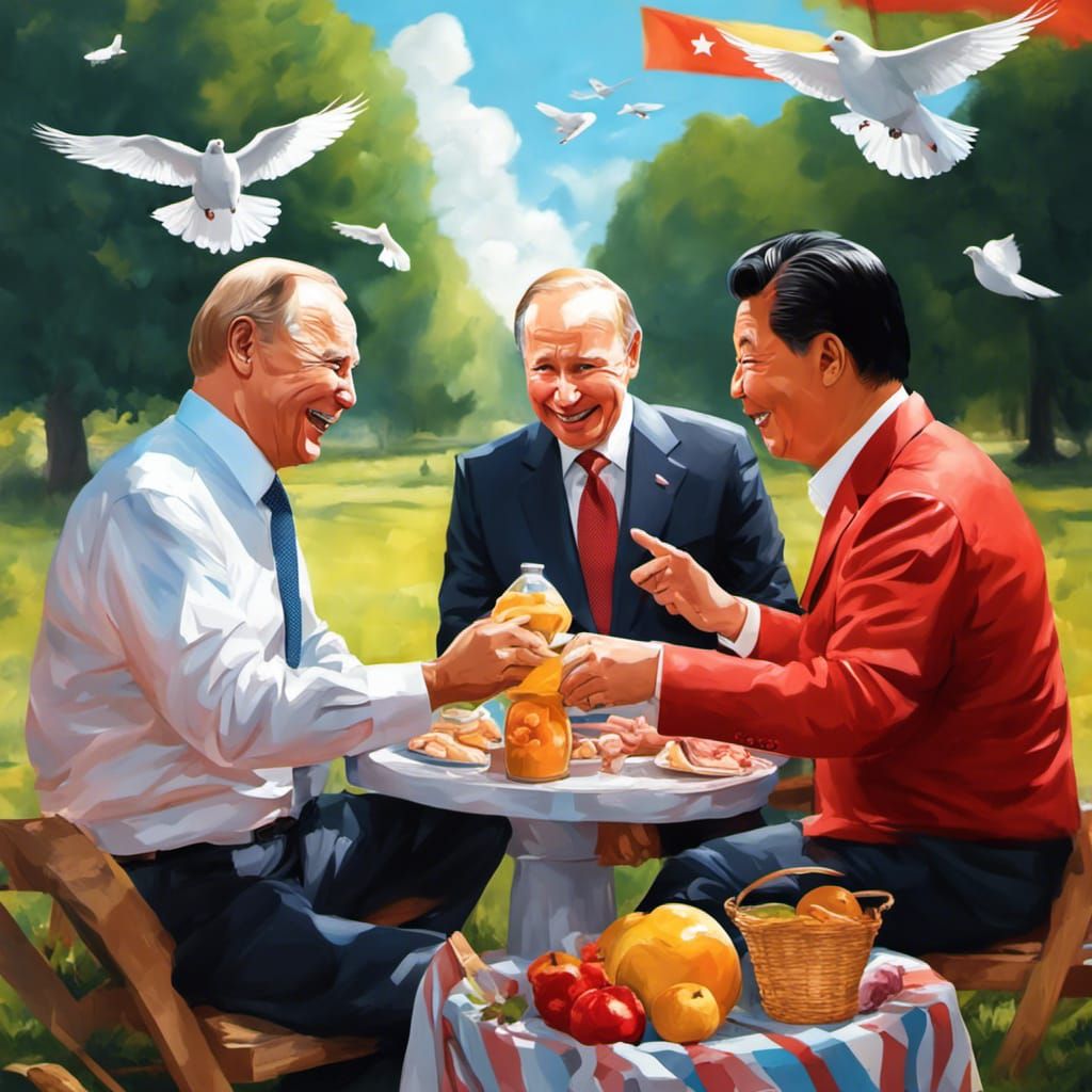Puti, Biden and Jinping  all laughing together at the world picnic summit for World Peace Day (nice thought)