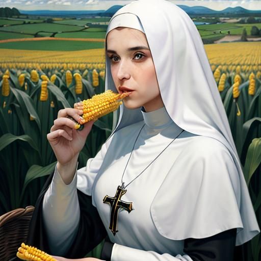 Nun Eating Corn: Hyperreal Photo in Waterhouse Style