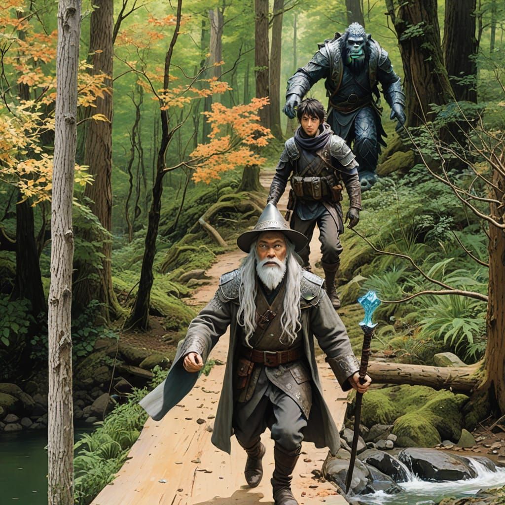 Fantasy Warriors Flee Ancient Forest Inferno