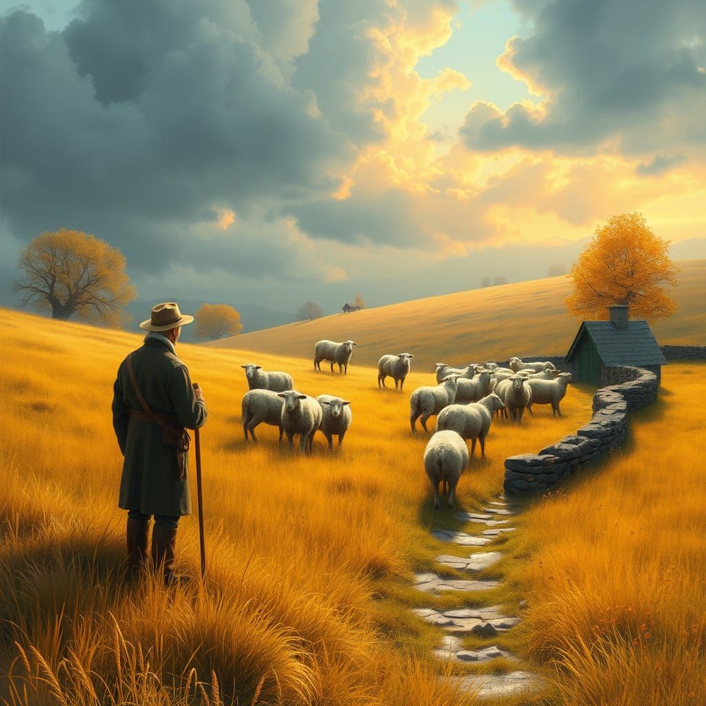 Idyllic Countryside Scene with Shepherd and Grazing Sheep
