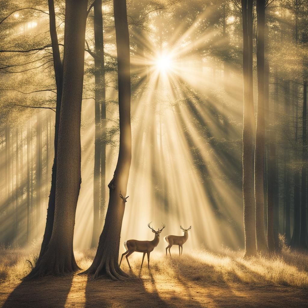 Deer in Rustic Woods with Sunbeams