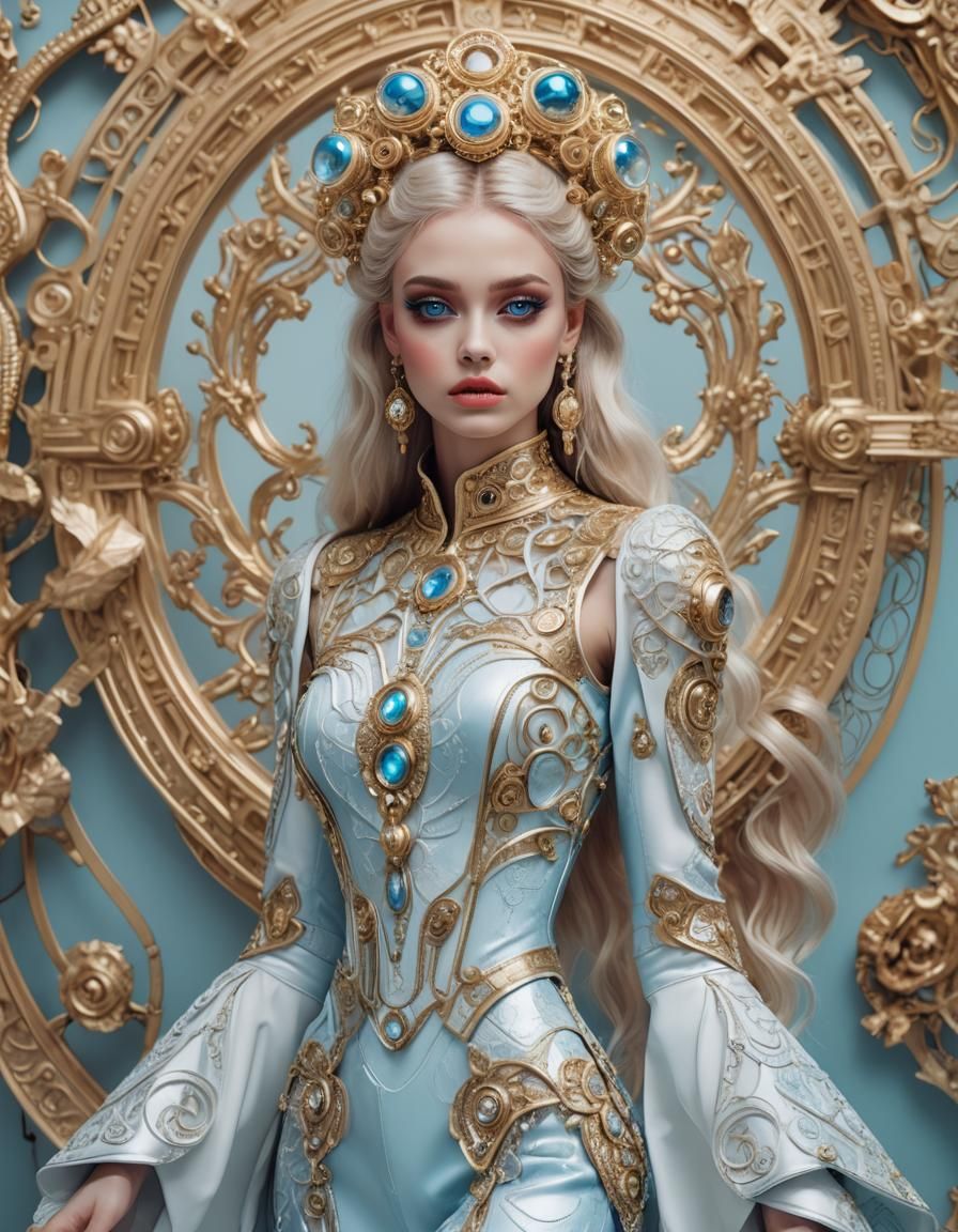 Majestic Model with Holograms in Ethnopixel Art Deco Style