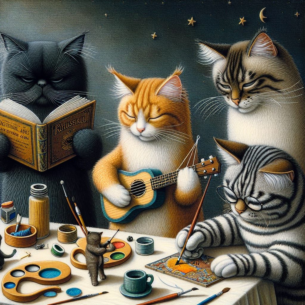 Cats With Hobbies: Reading, Music, Painting, Astronomy