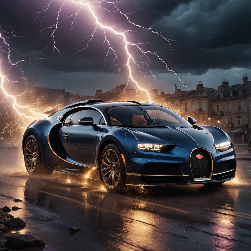 Fantastical Bugatti Struck by Lightning in Electric Blue Sto...