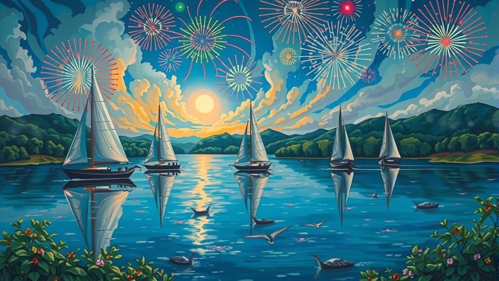 Fireworks Over Serene Lake in Art Nouveau Style