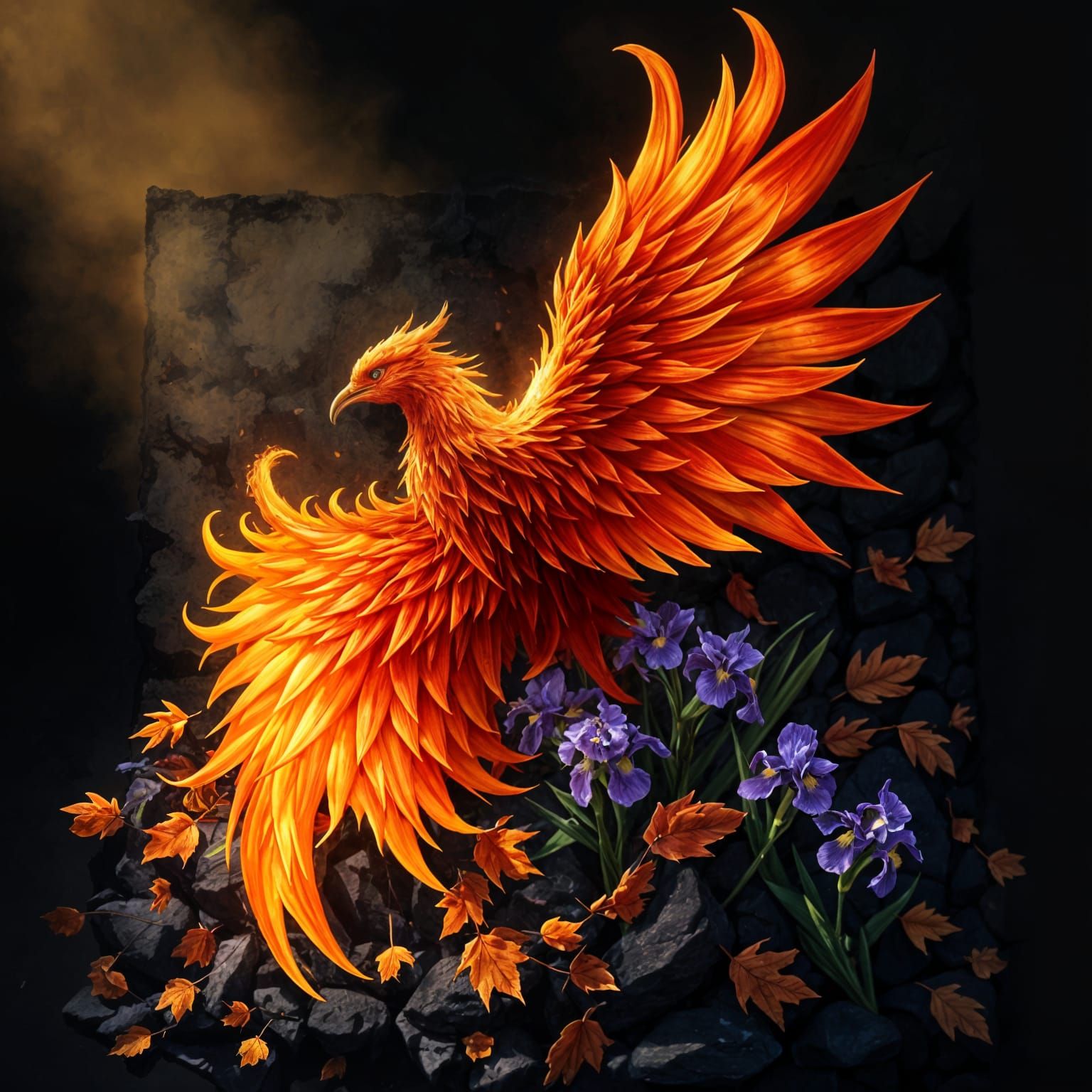 Fiery Phoenix Rises Amidst Autumn Leaves and Iris Blooms