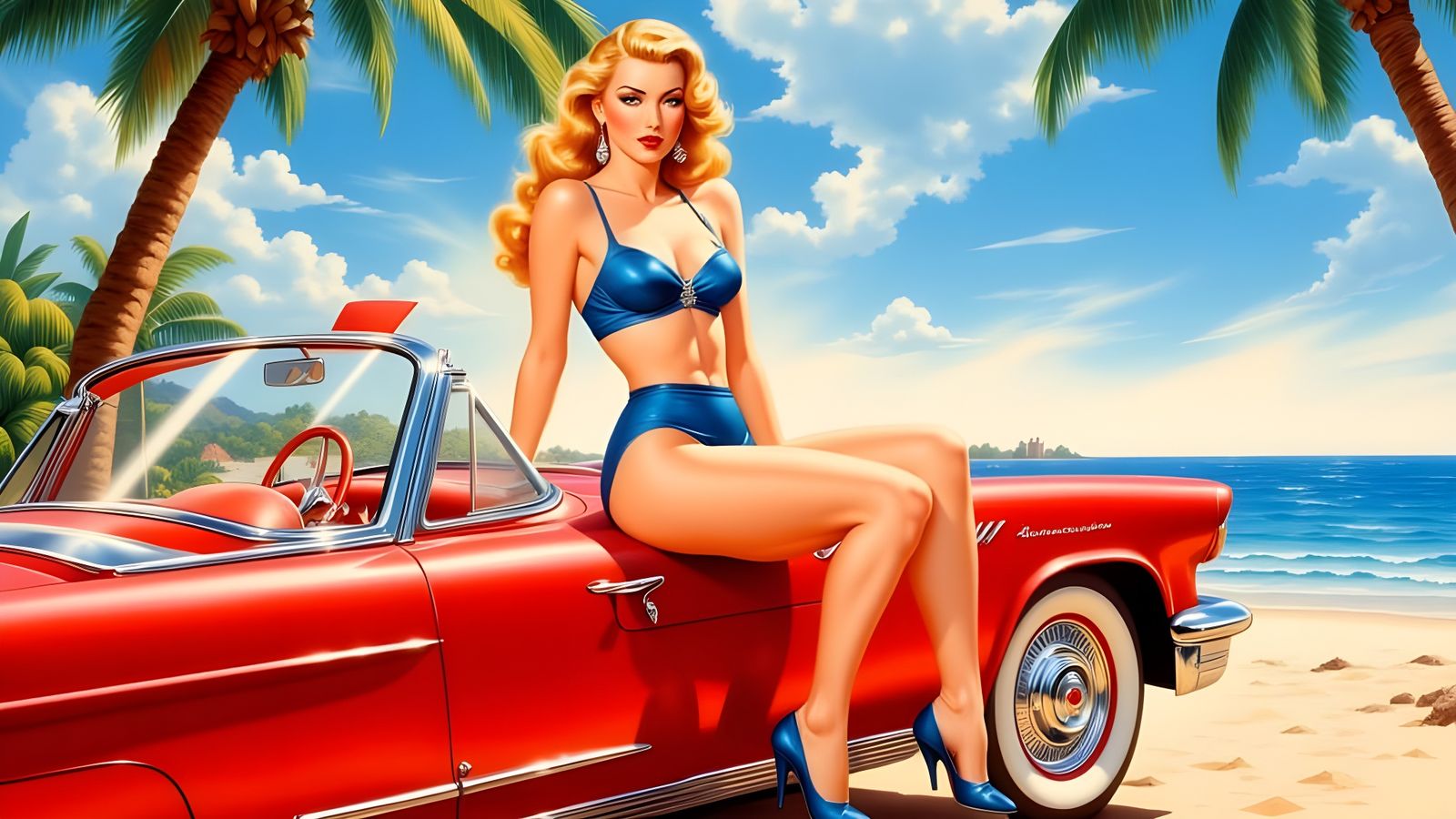 Blond Woman on Thunderbird, Pin-Up Style
