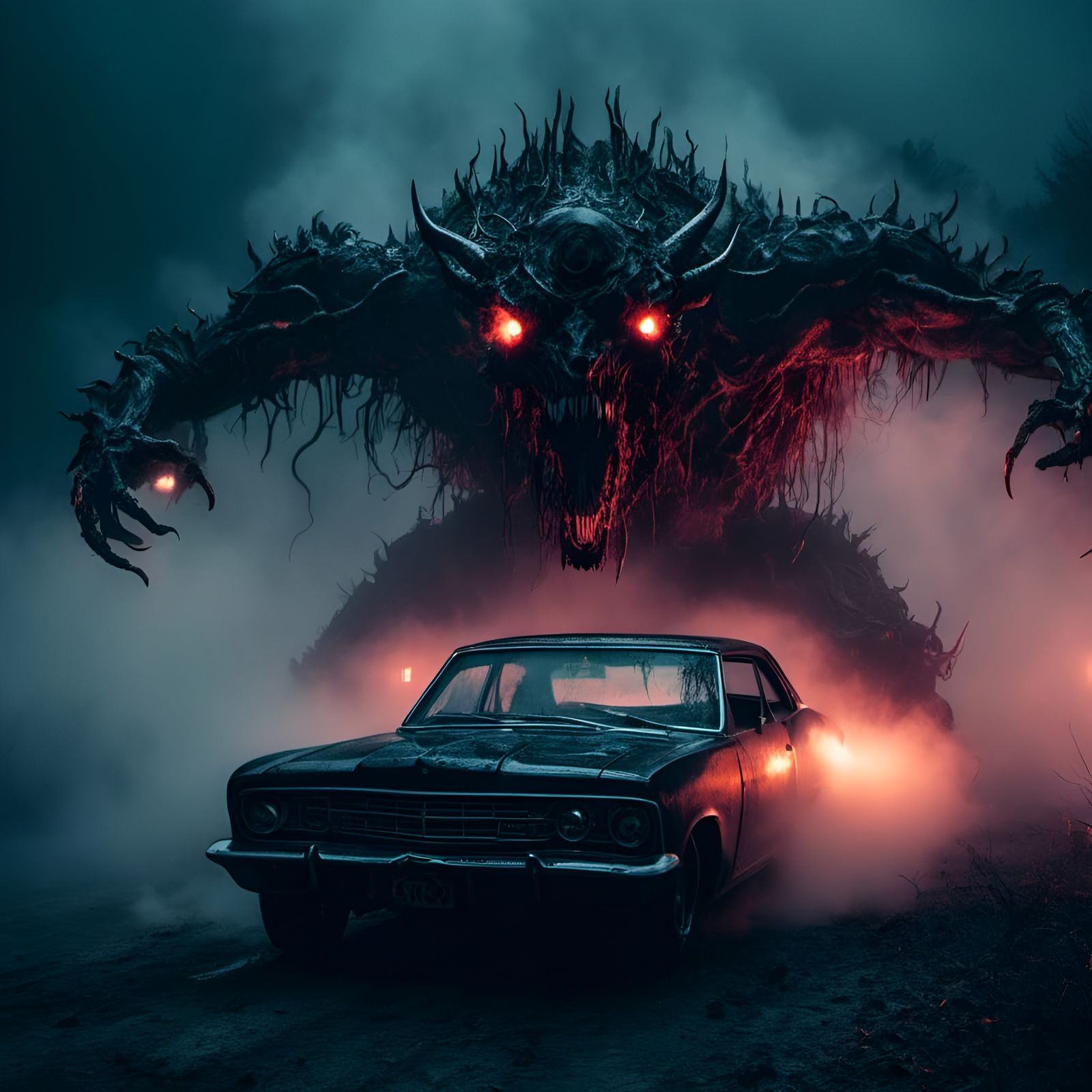 Monster Chases Car in Retro Film Style