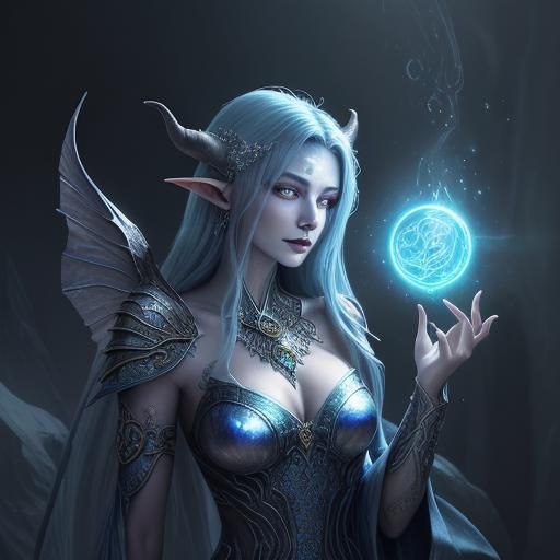 Tiefling Sorceress Harnessing Magic in Ancient Chamber