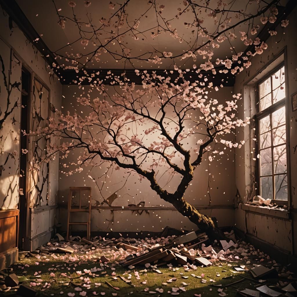 Cherry Blossom Projection in Apocalyptic Setting