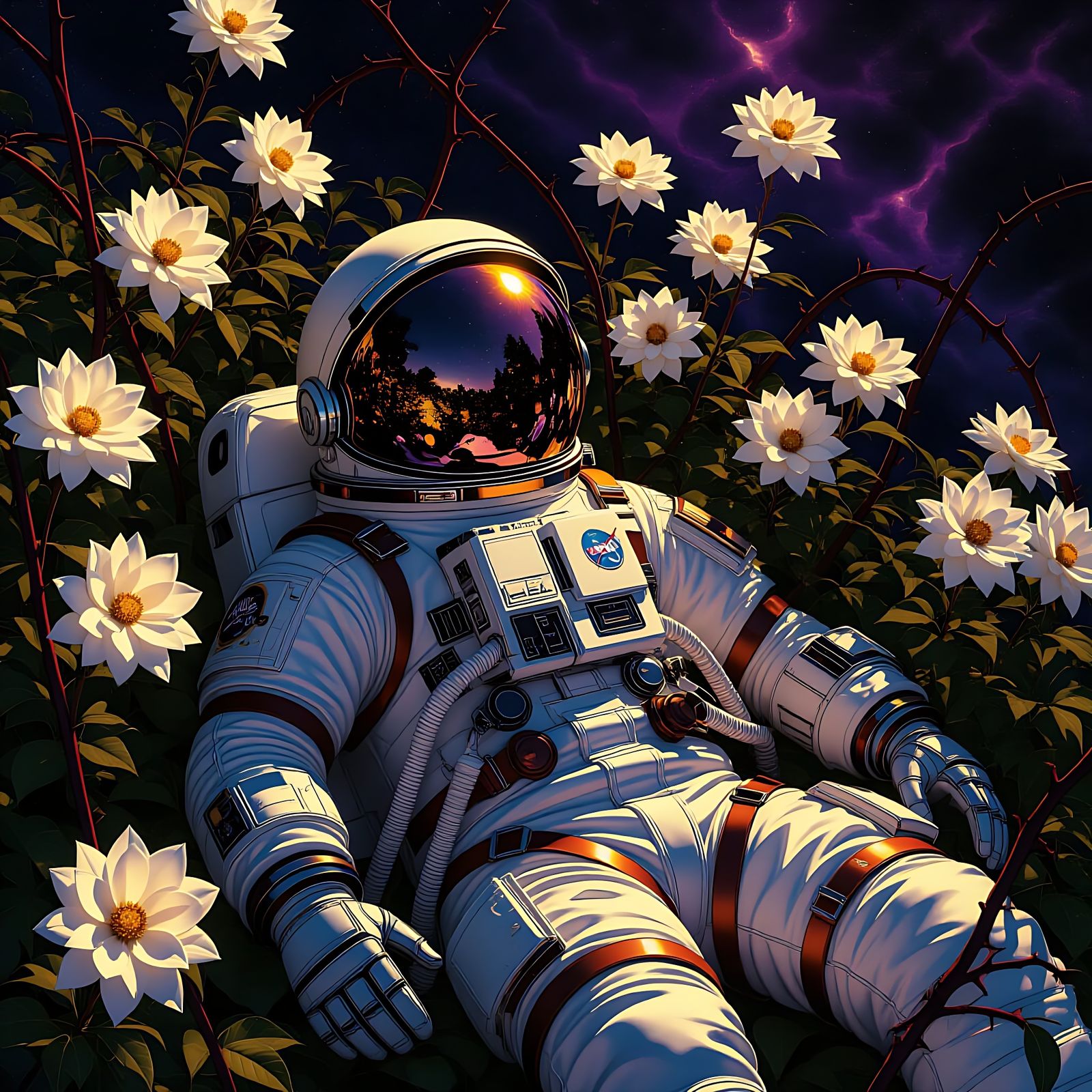 Astronaut in Withered Garden Reflecting the Universe