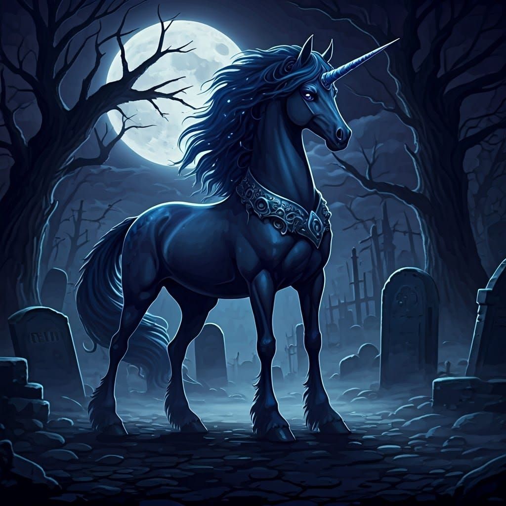 Gothic Unicorn in Eerie Cemetery, Anime Style