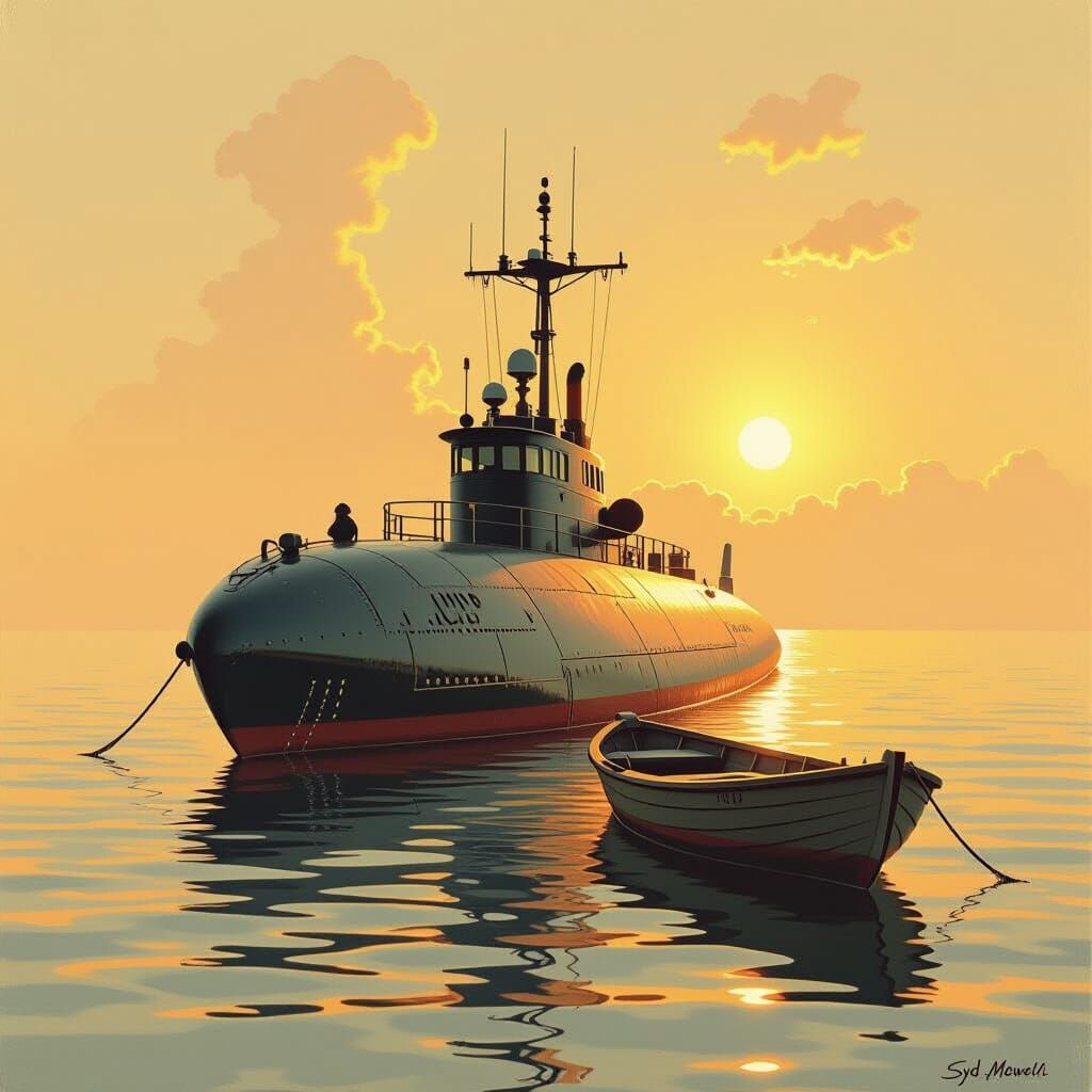 1960s Submarine Viewed from Fishing Boat Painting