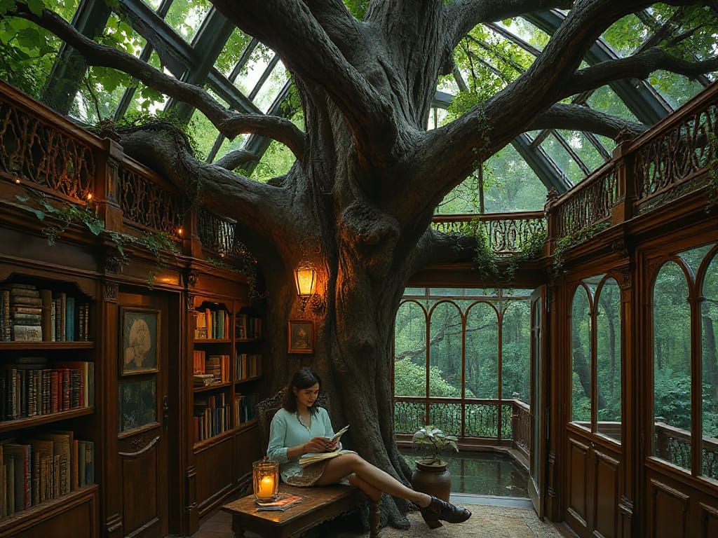 Magical Elven Library Inside Ancient Oak Tree