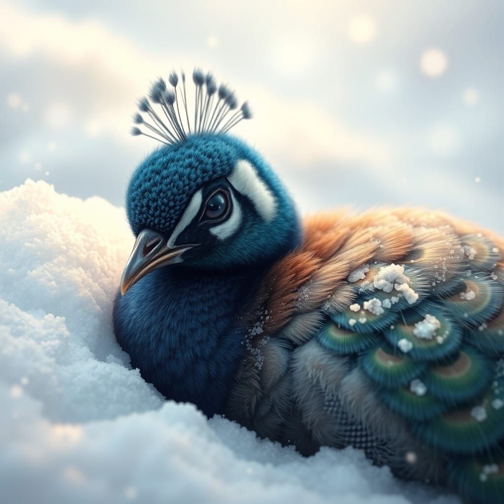 Whimsical Peacock Slumbers in Snowy Serenity