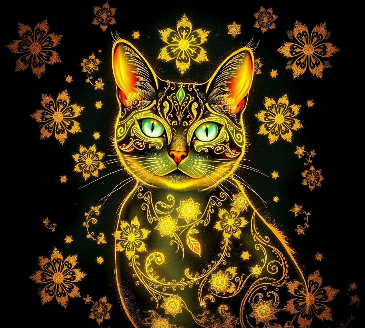 Bioluminescent Cat with Golden Filigree Designs