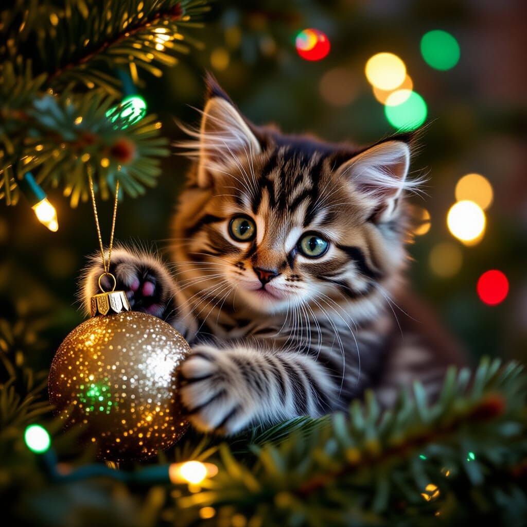 Tabby Kitten Plays with Christmas Ornament