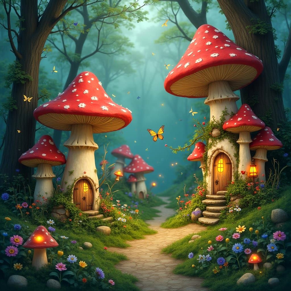 Enchanted Mushroom Village in Whimsical Fantasy Style