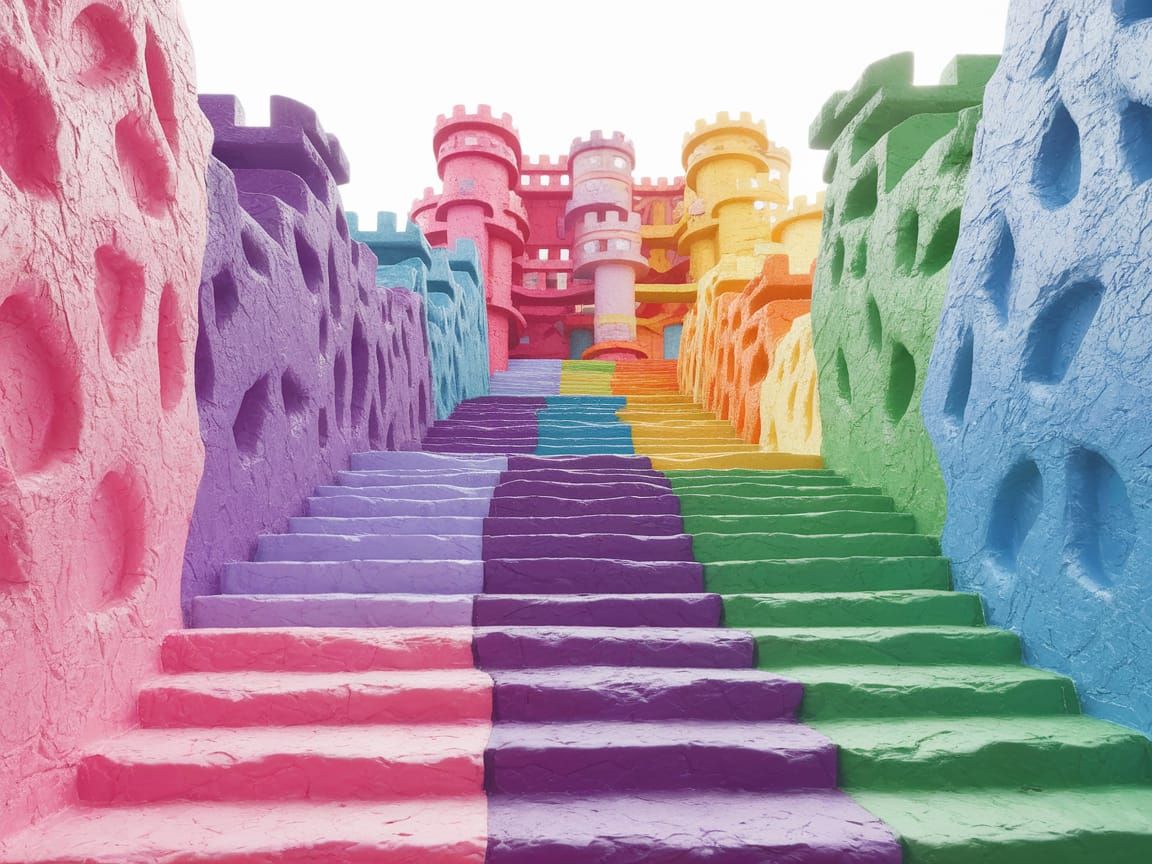 Vibrant Rocky Castle with Multicolored Staircases