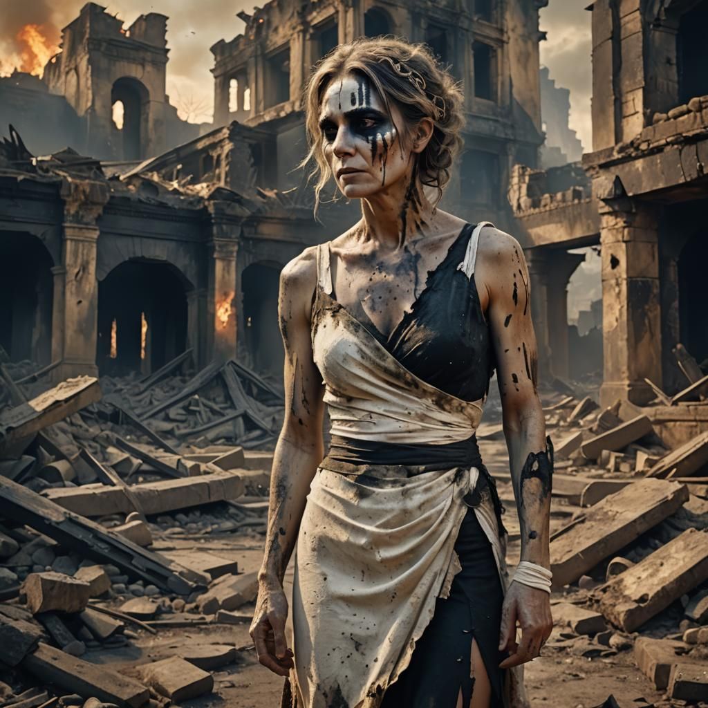Burned Woman in War-Torn Ruins: Fantasy Concept Art
